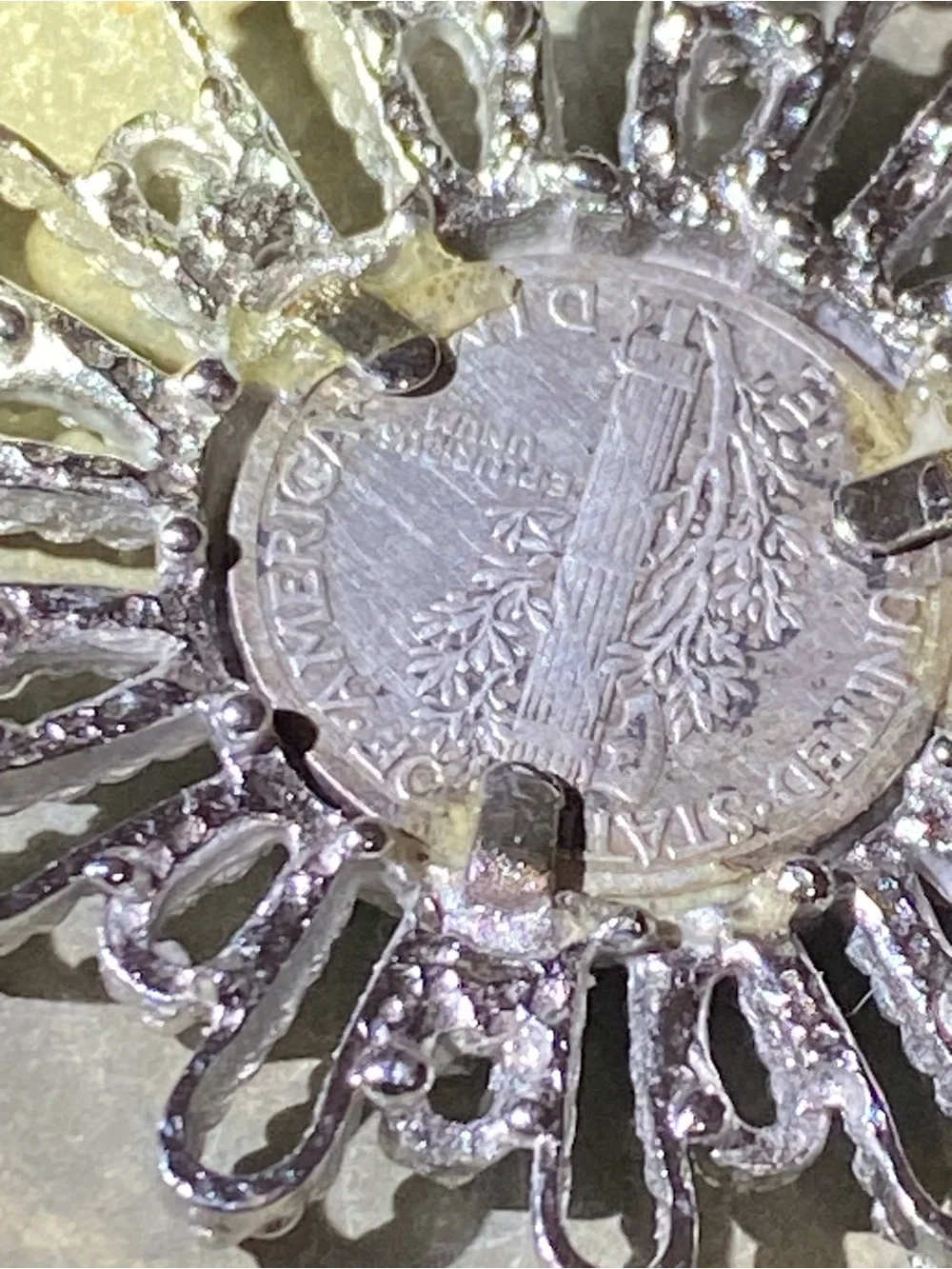 1942 Mercury Silver Dime In Starburst Pendant With Chain